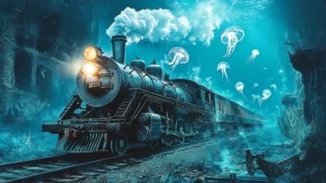 steam train journey through an underwater realm