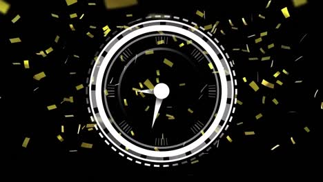 Animation-of-clock-moving-and-confetti-on-black-background