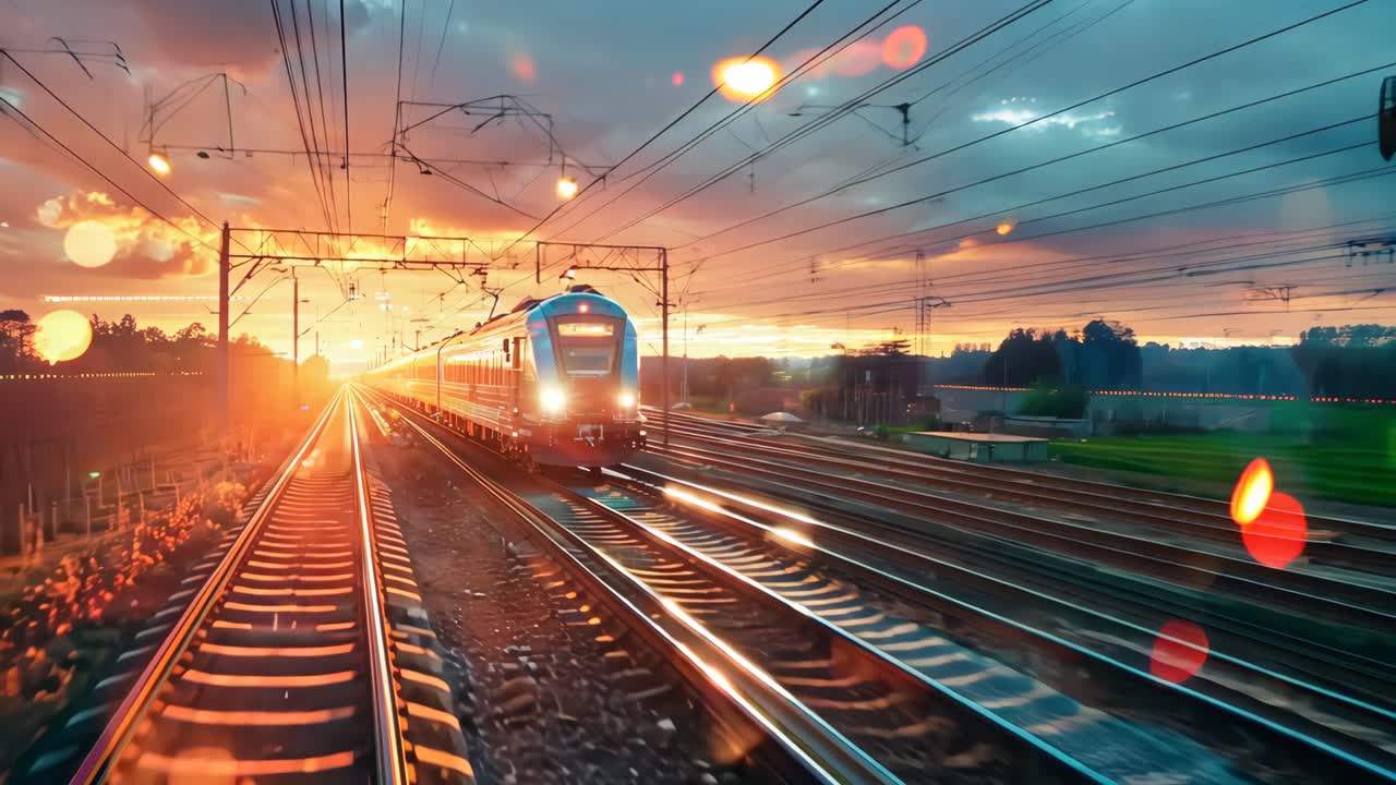 A train is traveling down the tracks with a sunset in the background. The train is surrounded by a lot of sparks, giving the image a sense of motion and energy