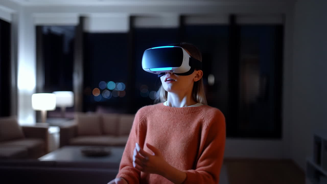 Woman Engaged in Virtual Reality Experience at Home