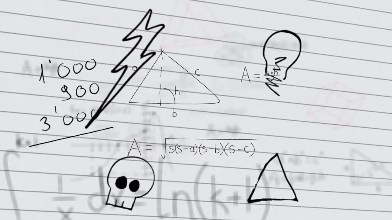 múltiples iconos de conceptos escolares contra ecuaciones matemáticas en papel de línea blanca