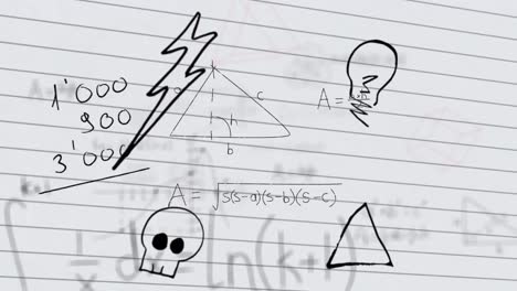 múltiples iconos de conceptos escolares contra ecuaciones matemáticas en papel de línea blanca