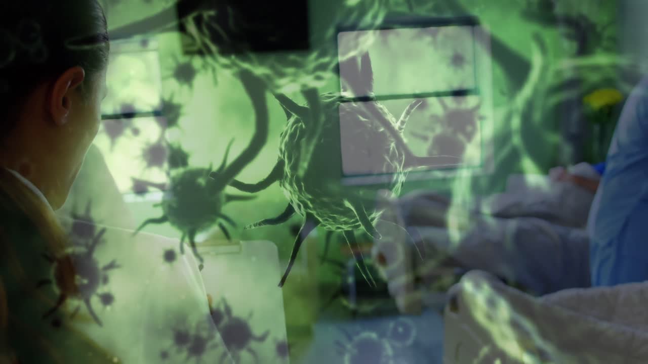 múltiples células de covid-19 flotando contra la doctora caucásica caminando en el hospital