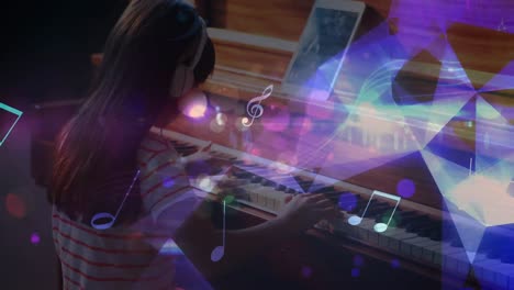 Musical-elements-and-plexus-network-moving-against-girl-playing-piano