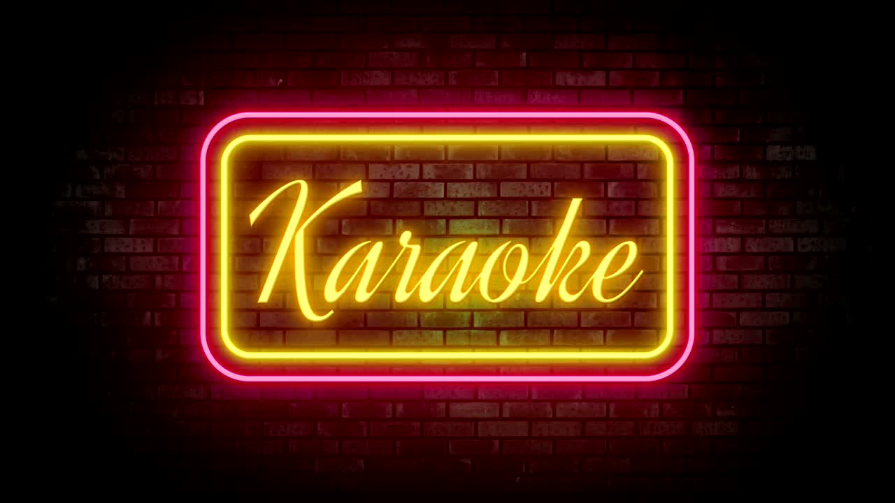 벽돌 벽에 카라오케 네온 불빛, 밤 바, 박이는 네온 표지판, 모션 애니메이션