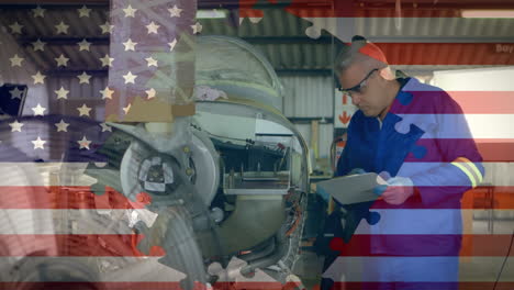 animation of american flag waving over man in the background