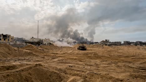 tank firing at destroyed city, israel palestine conflict in gaza