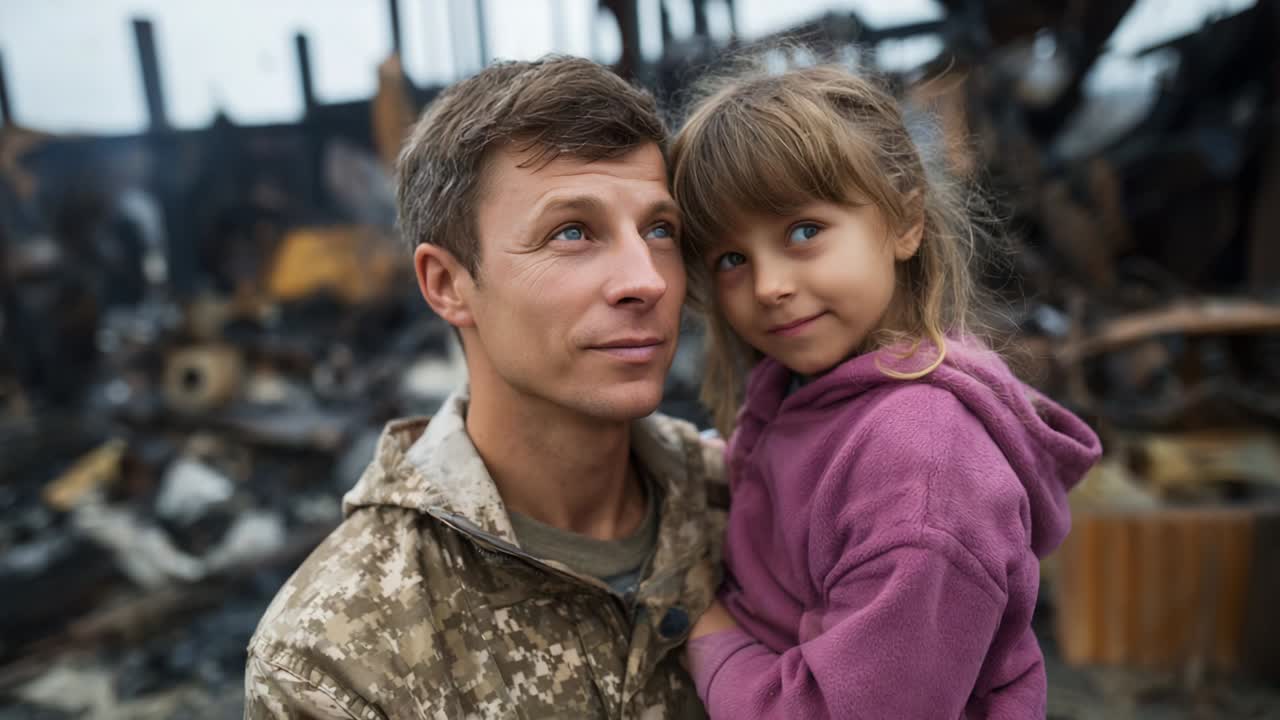 A touching moment captured between a soldier and a young girl, surrounded by the remnants of a devastated landscape, illustrating a bond of hope in the face of adversity and loss amidst the ruins