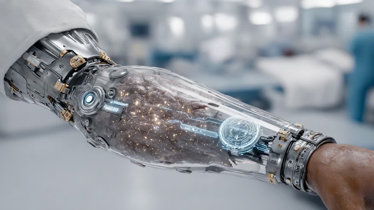 Futuristic Cybernetic Arm with Glow and Mechanisms Revealing the Intricate Structure Inside, Representing Advanced Technology and Human Augmentation in Medicine