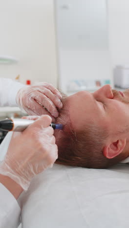 trichologist doing man improve hair growth procedure dermapen microneedling vitamin injections