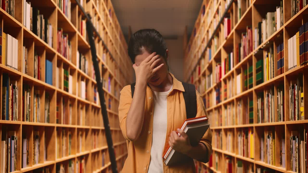 estudiante asiática con una mochila y algunos libros que tienen dolor de cabeza mientras están de pie en la biblioteca