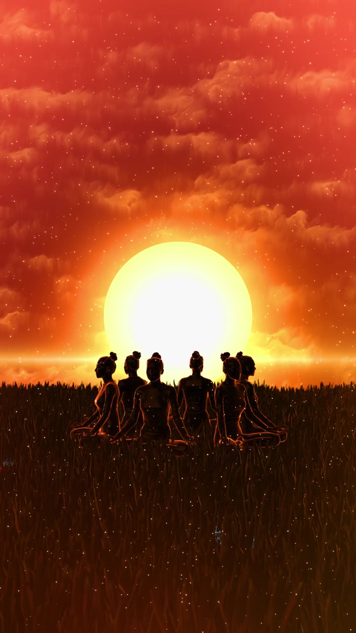 Spiritual group meditation nature sunset light energy calm meditating nature glowing sunset