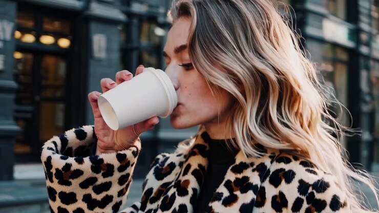Trendy blonde woman sipping takeaway coffee while walking along city sidewalk, wearing stylish leopard coat during sunny day with urban landscape blurring behind her