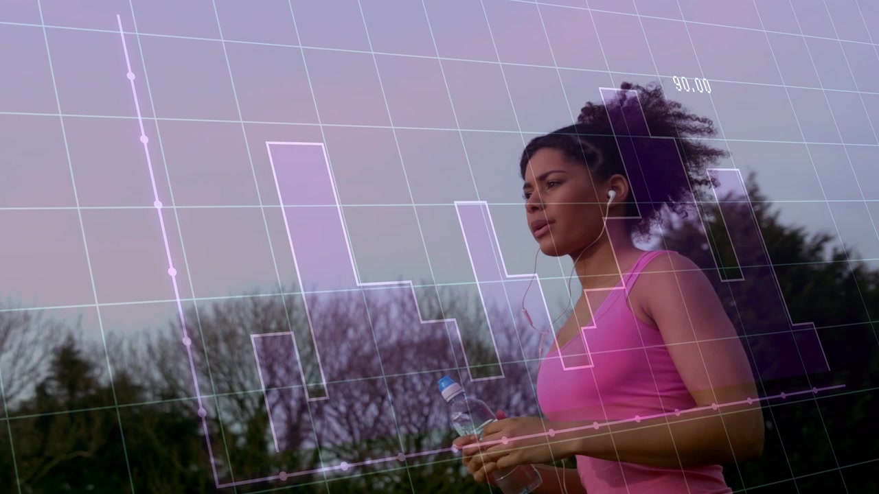 Woman running in dusk park, camera zooming leading animated health graphs overlay torso and bottle