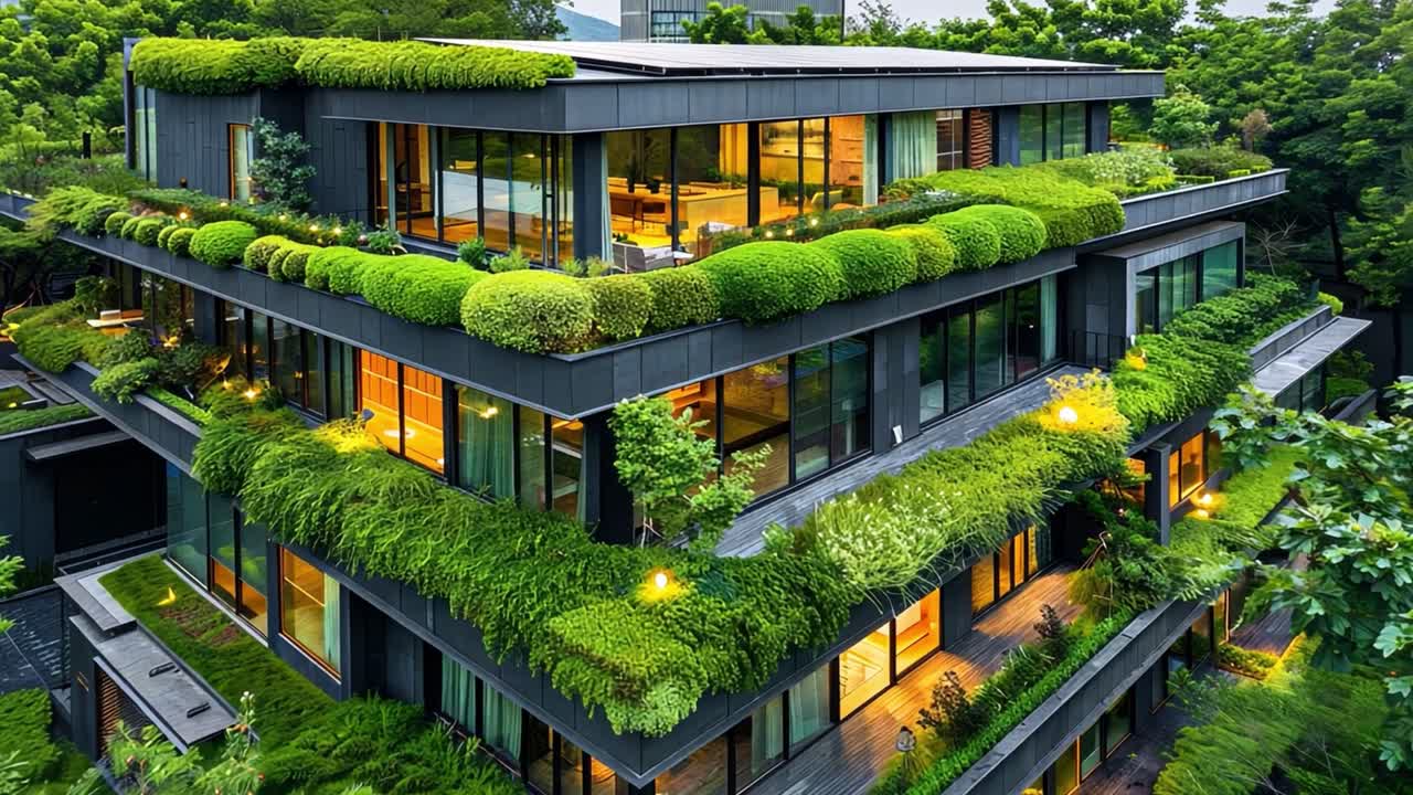 Modern Building with Lush Green Rooftop and Balcony Gardens