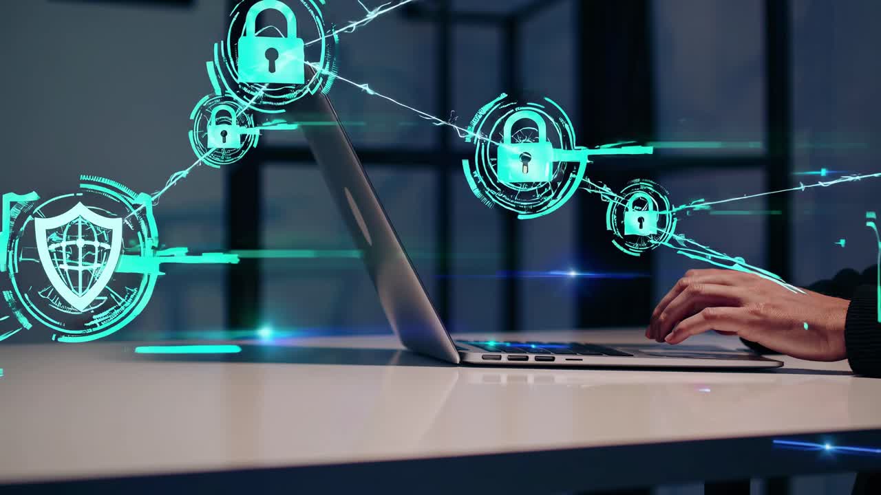 High-angle shot of hands typing on a laptop with digital lock icons overlay