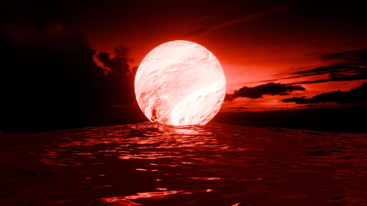 Surrealer Riesenmond, der über dunkelroten Ozeanwellen aufgeht.