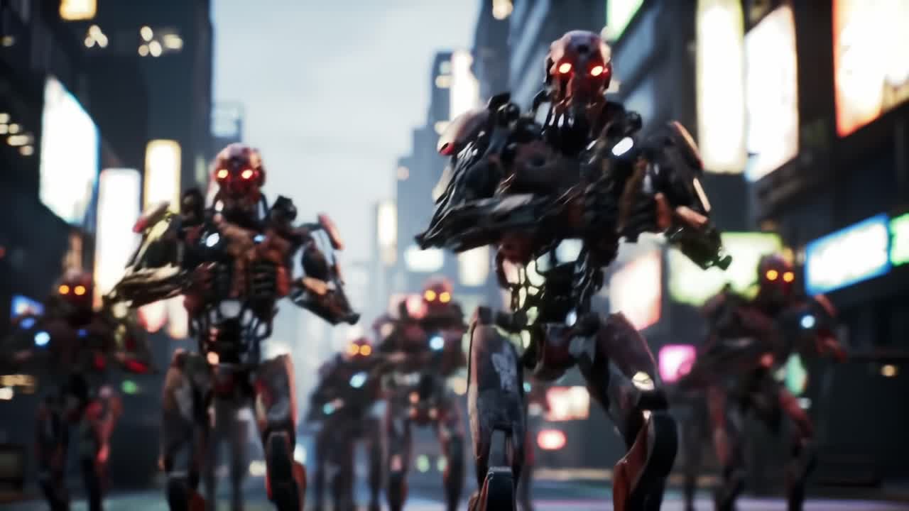 A Thrilling Encounter with a Mechanical Army: Futuristic Robots Advance with Determination Through a Neon-Lit Urban Landscape, Embodying the Essence of Sci-Fi Action