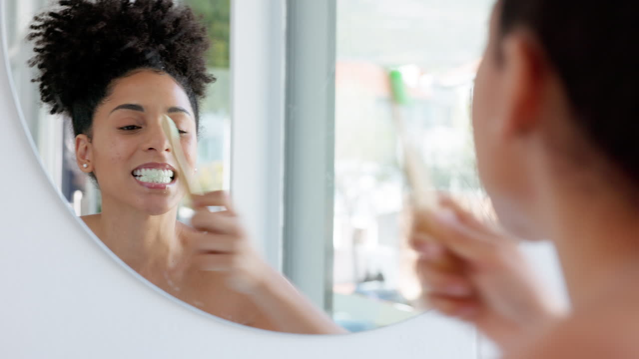 Black woman, mirror and brushing teeth for clean