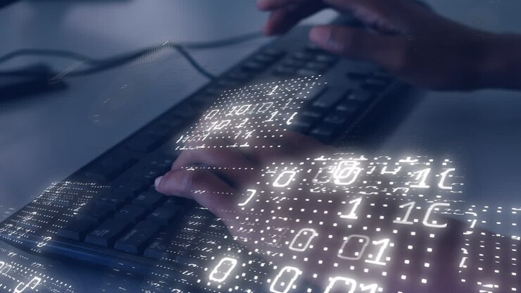 Animation of data processing over hands using computer in office