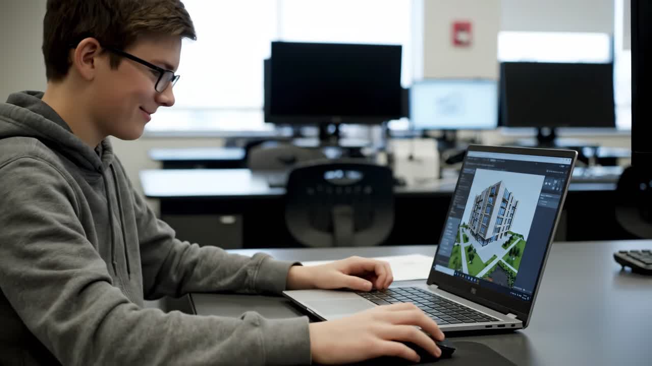 estudiante trabajando en una computadora portátil en el aula
