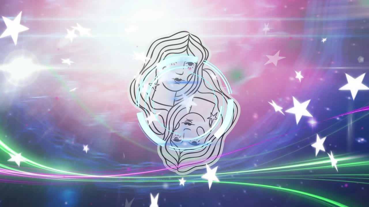 Animatie van een horoscoopsymbool boven sterren.