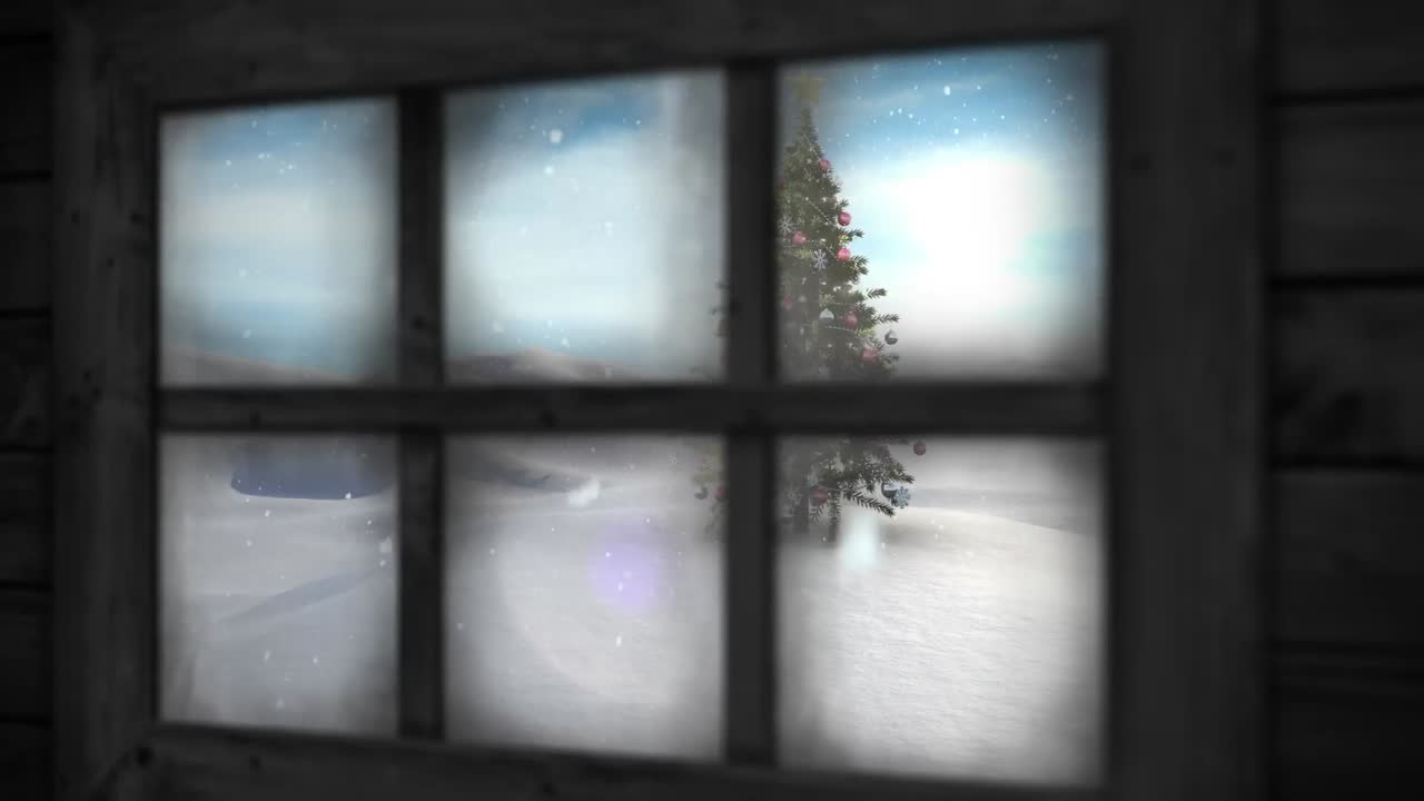 크리스마스 트리와 겨울 풍경의 창문 전망의 애니메이션