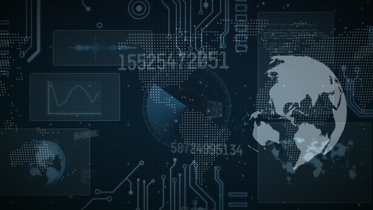 Animation of scope scanning with globe over data processing and world map