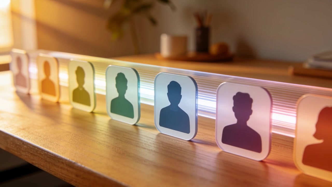 Shifting RGB light bar backlighting row of square profile tiles on wooden desk, showing group icons
