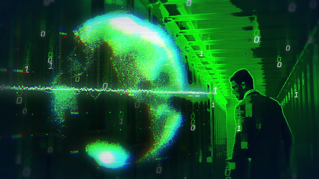 animación del globo y codificación binaria sobre el hombre de negocios caucásico en la sala de servidores.