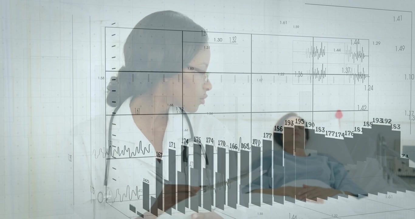 Medico in reparto che controlla la cartella clinica mentre monitora i dati sanitari, con grafici animati sopra il letto che guidano la valutazione.