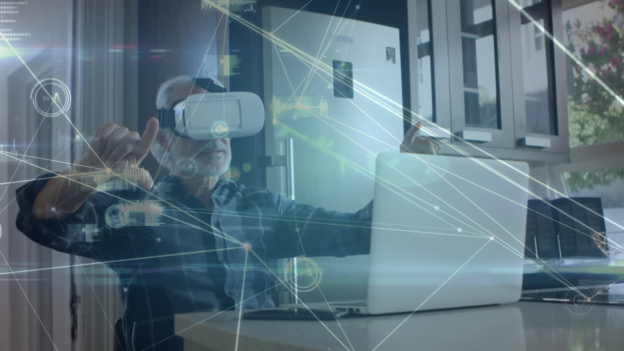 Animation of network of connections over senior caucasian businessman wearing vr headset
