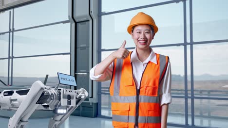 ingeniera aprobando la automatización robótica en una instalación moderna
