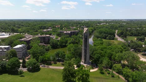 Drone-Orbits-Above-Millennium-Carillon-in-Downtown-Naperville,-Illinois