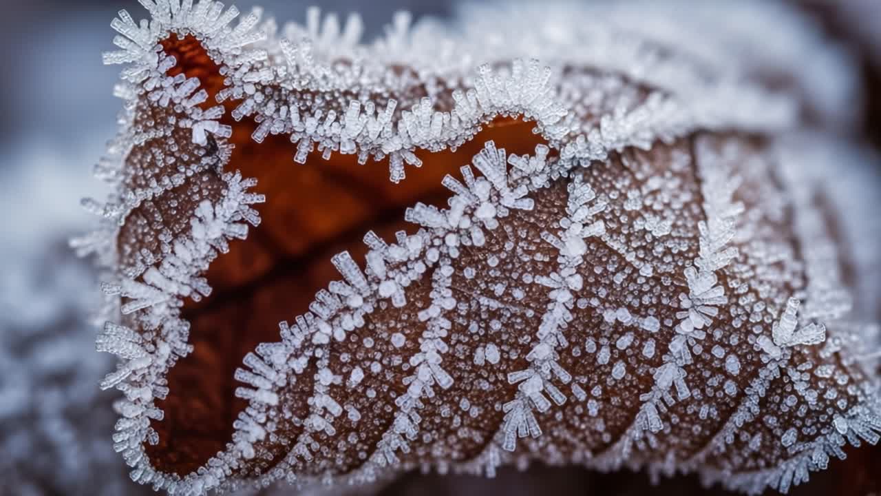 Captivating Close-Up of a Frosted Leaf Showcasing Intricate Ice Crystals and Rich Brown Tones, Perfect for Nature Lovers and Winter Photography Enthusiasts