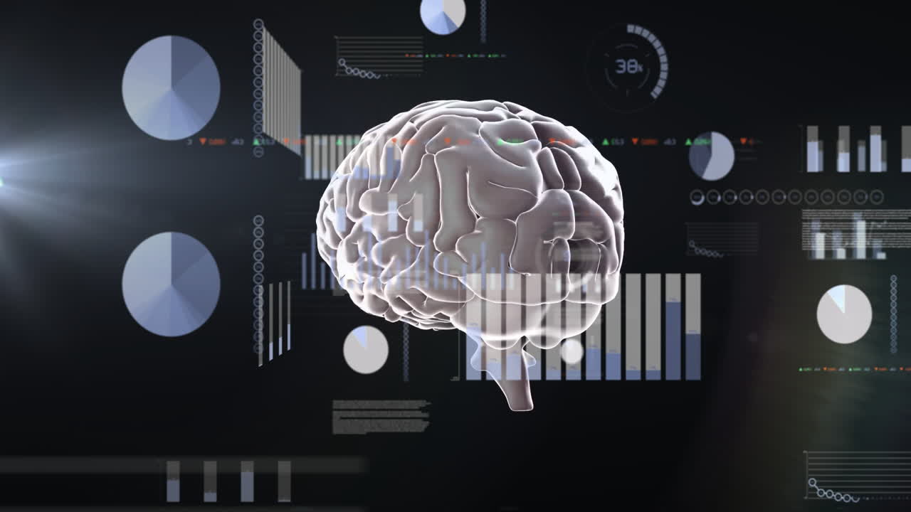 Animation of digital brain with data analytics and graphs in futuristic interface