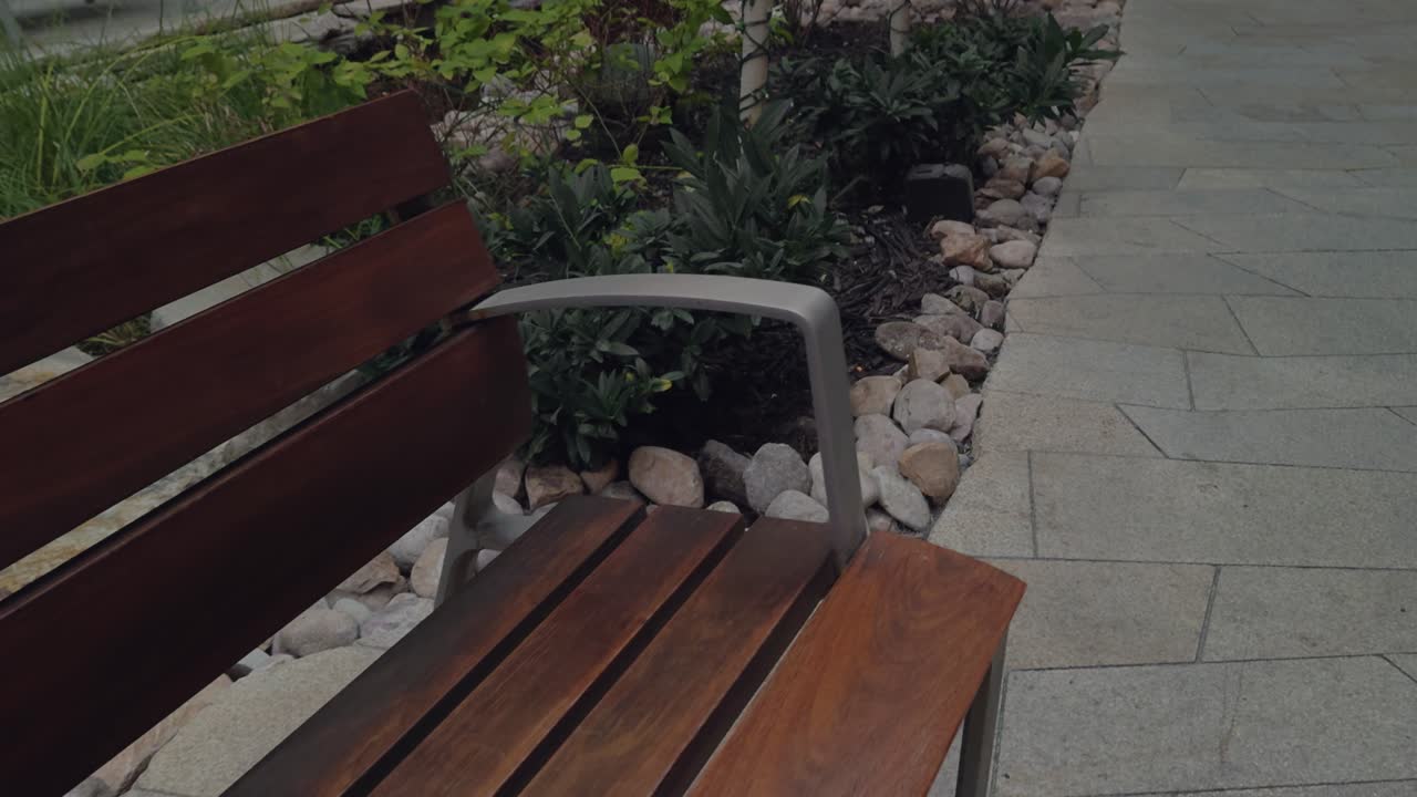 Smooth pan from wood bench to stone walkway and leafy plants in public garden