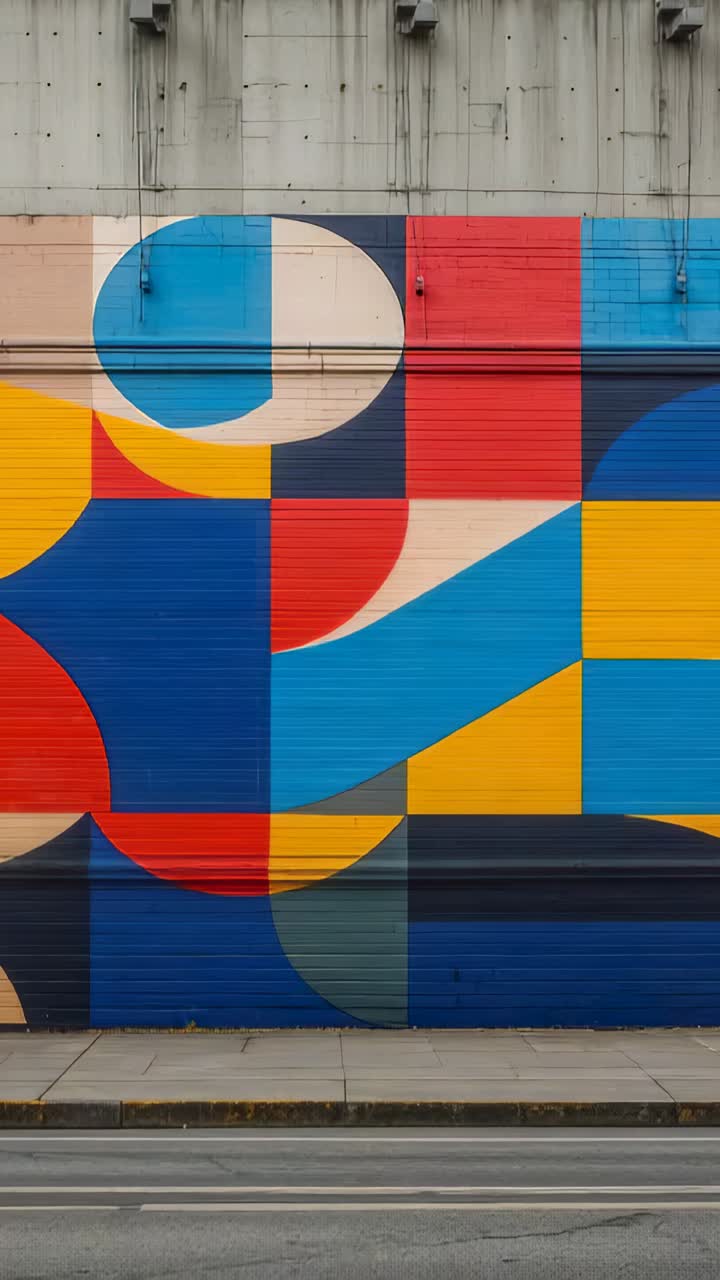 Vertical video: Recording camera starting panning and filming mural on shutter at street for record