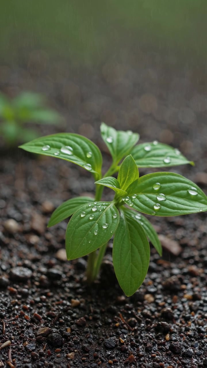 Close-up of a Young Plant with Raindrops on Green Leaves