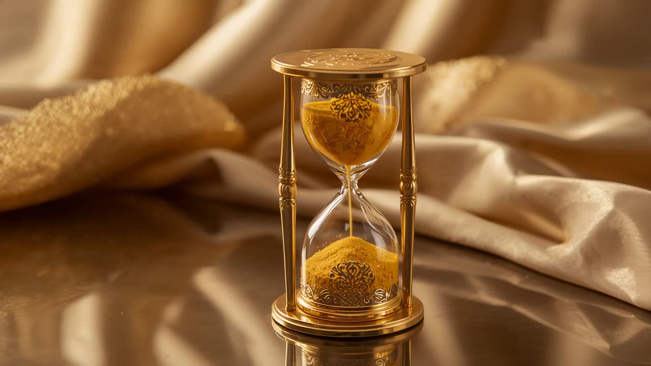 Ornate hourglass starting trickling fine golden sand in studio interior, showing passage of time