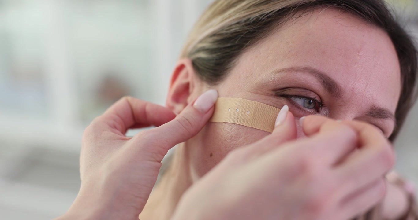 Doctor applies sterile patch to wound on face of woman