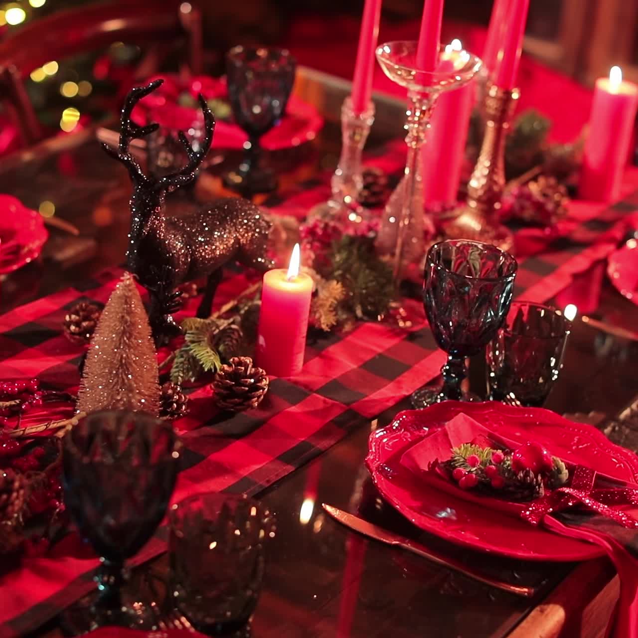 Red colors and shades in decoration of festive Christmas dinner table. Shining decorations and lights on the table for celebrating New Year. View from above