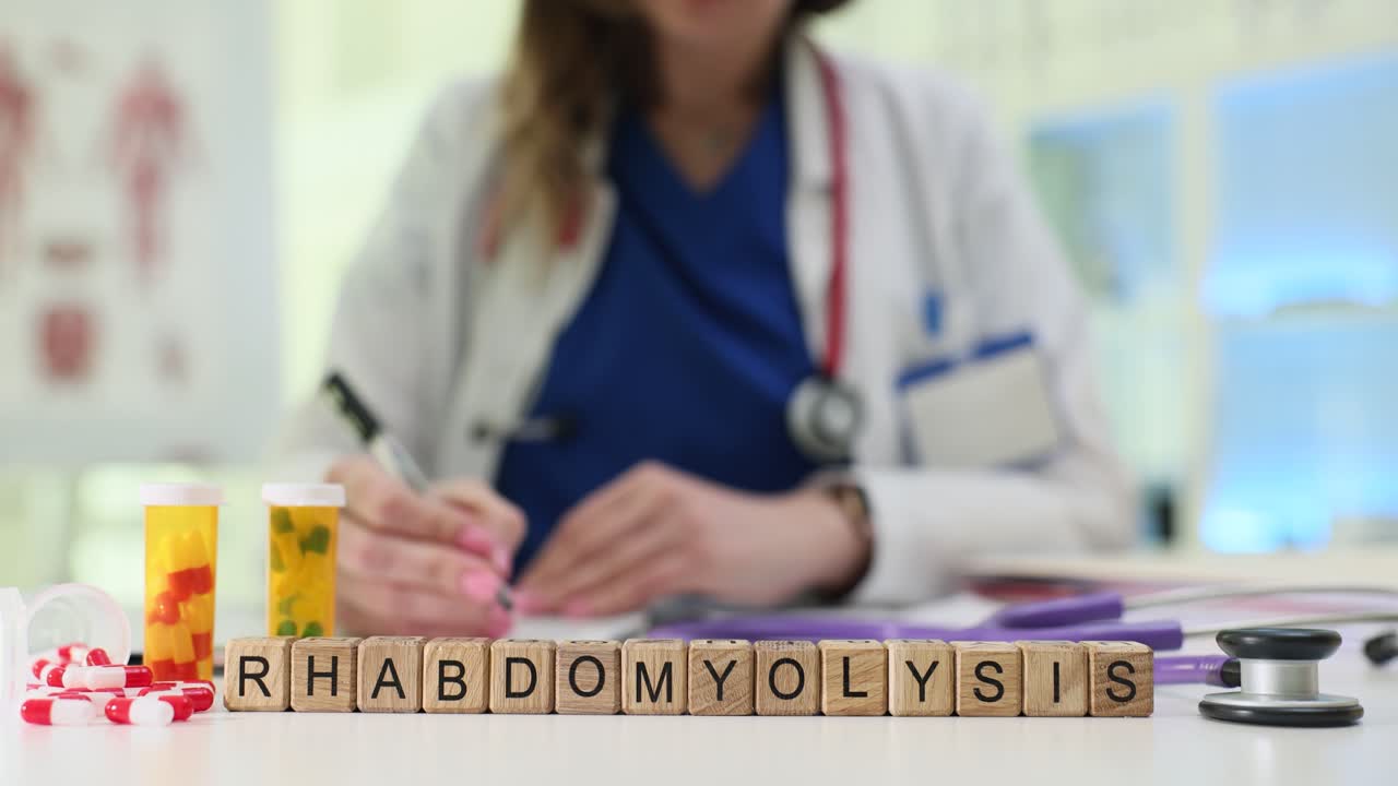 Cubi di legno formano la parola rabdomiolisi accanto a pillole mediche, con un medico.