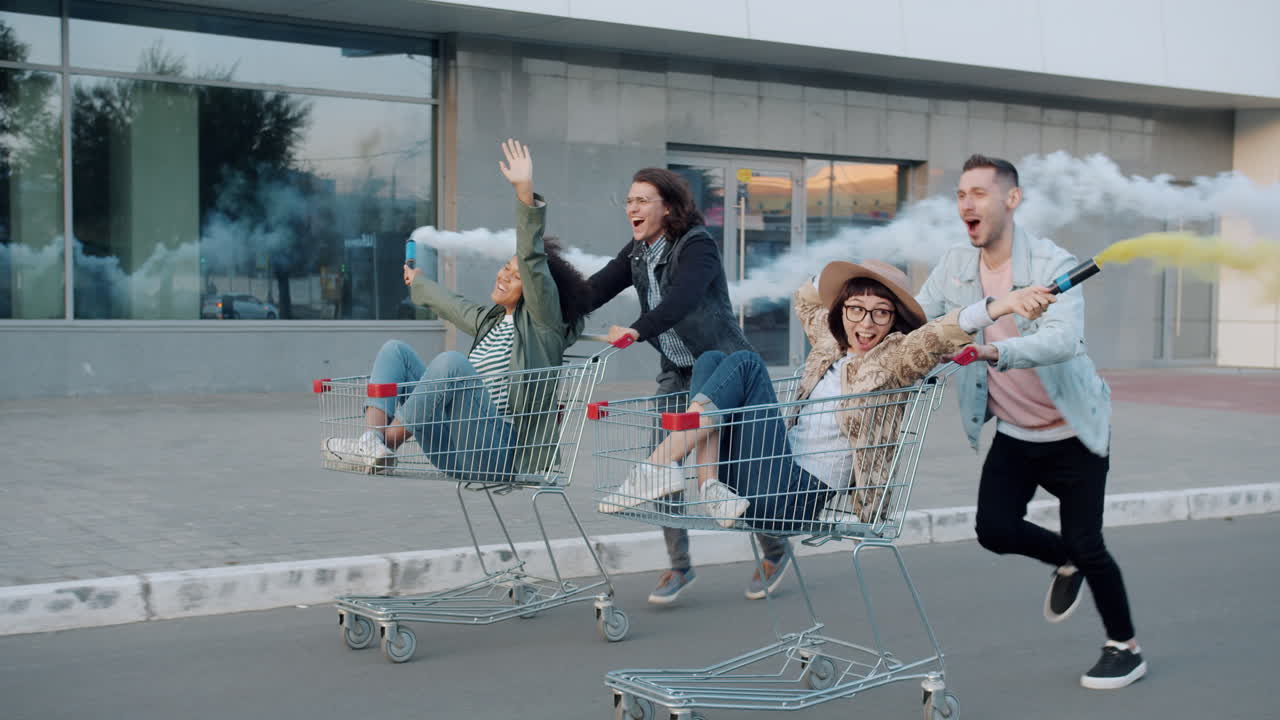 Friends Riding Shopping Carts with Smoke Bombs