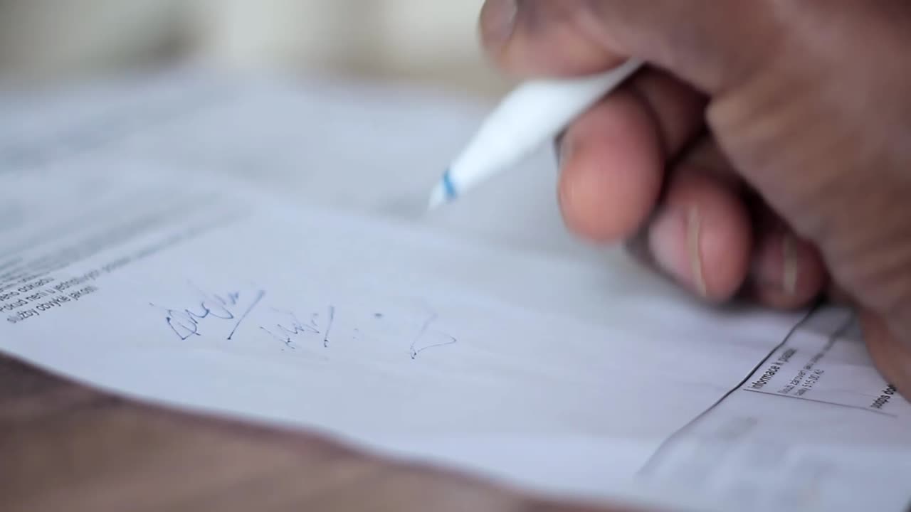 테이블 스톡 비디오 스톡 푸티지에 있는 사무실에서 종이에 메모를 작성하는 서류에 공식 서명