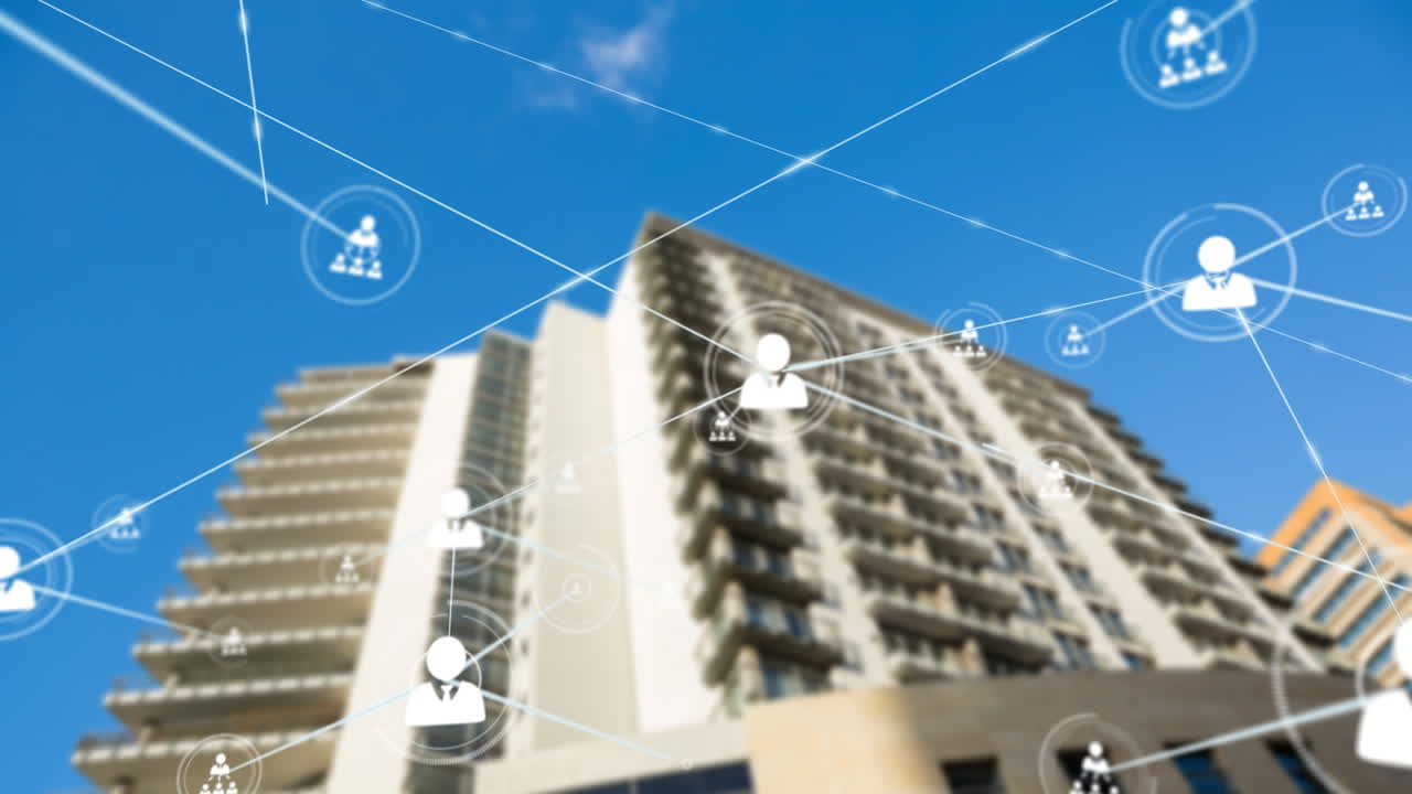 현대적인 건물을 통한 연결 네트워크의 애니메이션