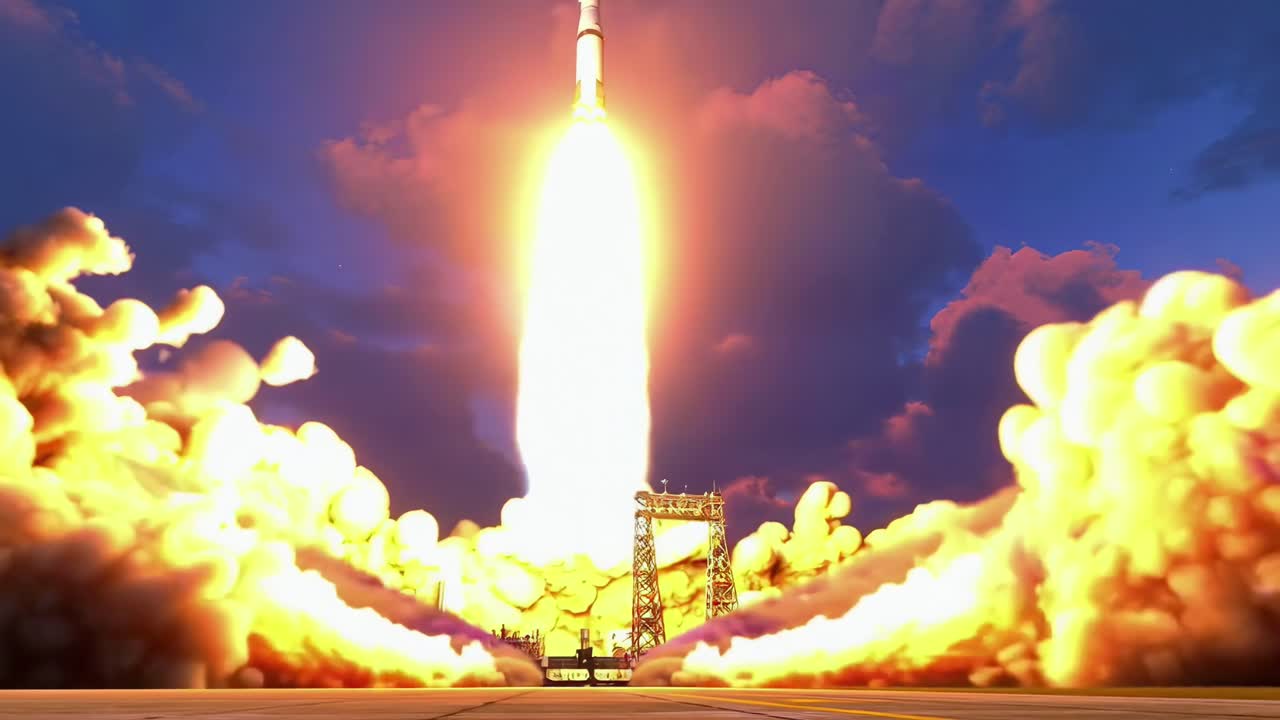 Dramatic low-angle video of a rocket launch, capturing fiery thrust against a vibrant sky