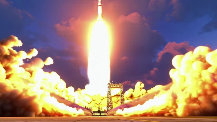 Dramatic low-angle video of a rocket launch, capturing fiery thrust against a vibrant sky