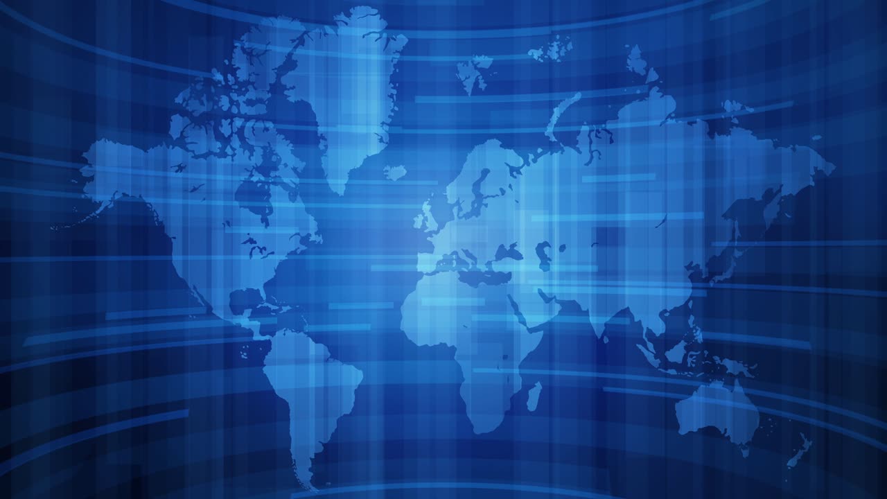 Blue digital world map with dynamic high-tech elements in motion, news, worldwide information technology systems, business network connections and data flow