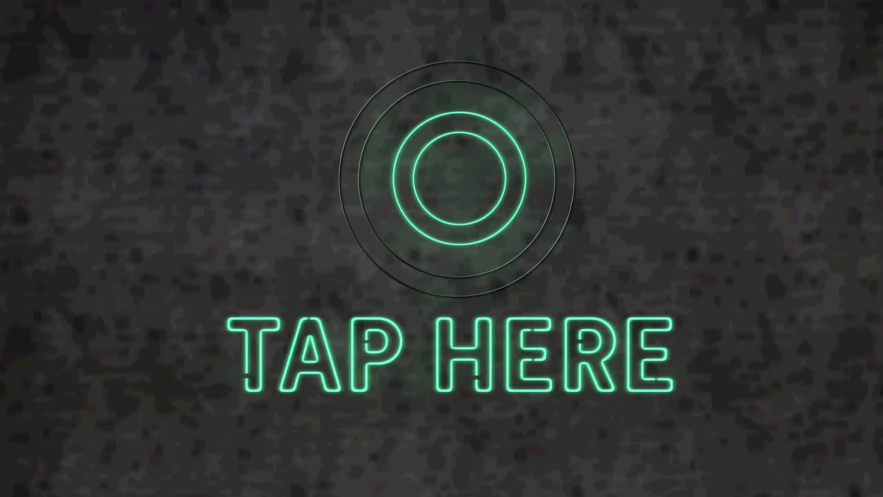 animación de texto de neón azul, toque aquí, en fondo gris oscuro